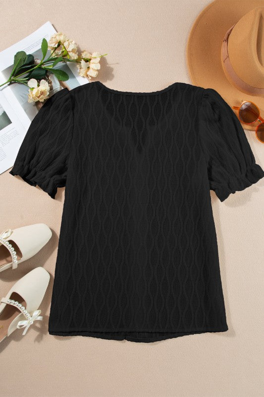 Solid Textured Notch Neck Puff Sleeve Blouse JUNIPER BLVD