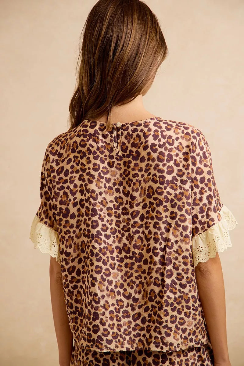 BiBi Leopard and Eyelet Lace Ruffled Top and Shorts Set Trendsi