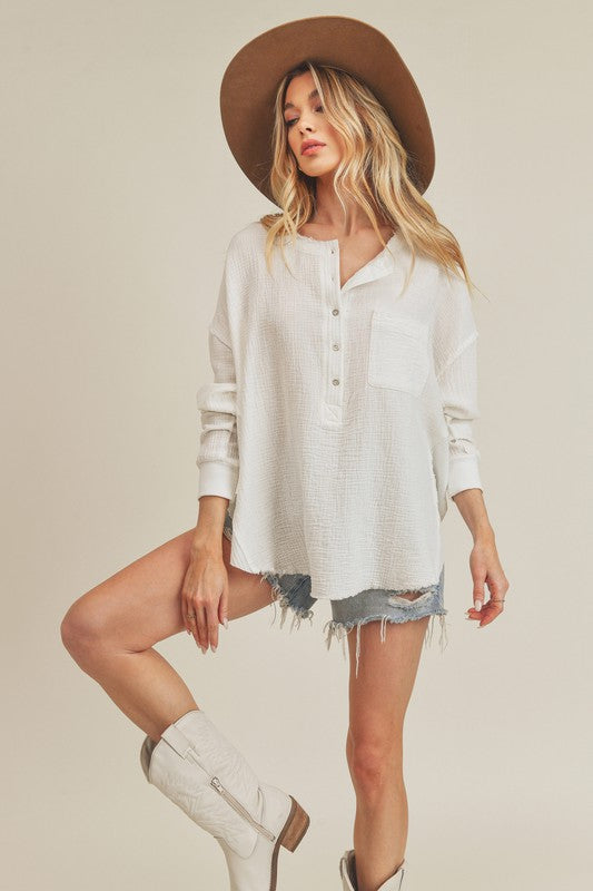 Aemi + Co Exposed Seam Raw Hem Half Button Top Trendsi