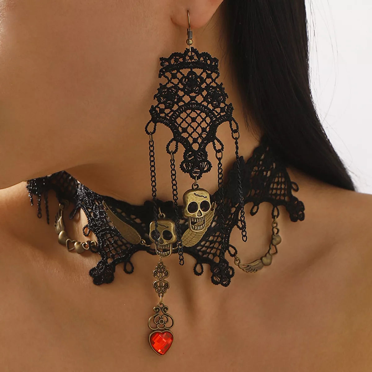 Halloween Lace Skull Necklace and Earrings Jewelry Set Trendsi