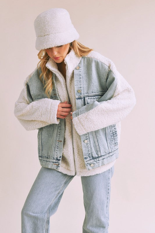 Aemi + Co Denim Washed Drop Shoulder Sherpa Fake Two Pieces Jacket Trendsi