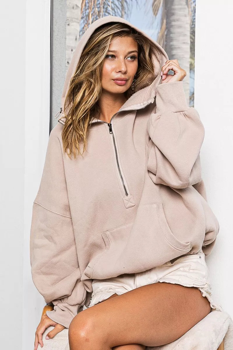 BiBi Stitch Detailed Elastic Hem Half Zip Fleece Hoodie Trendsi