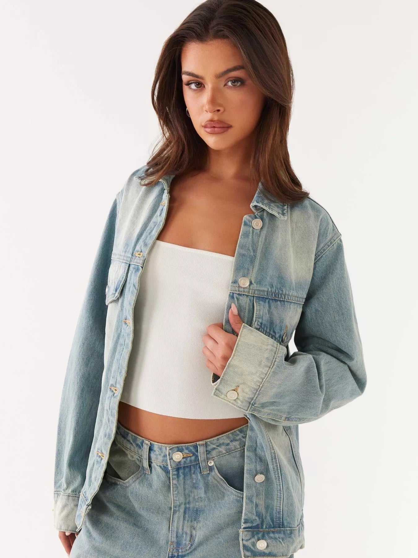 Button Up Denim Jacket and Jeans Set Trendsi