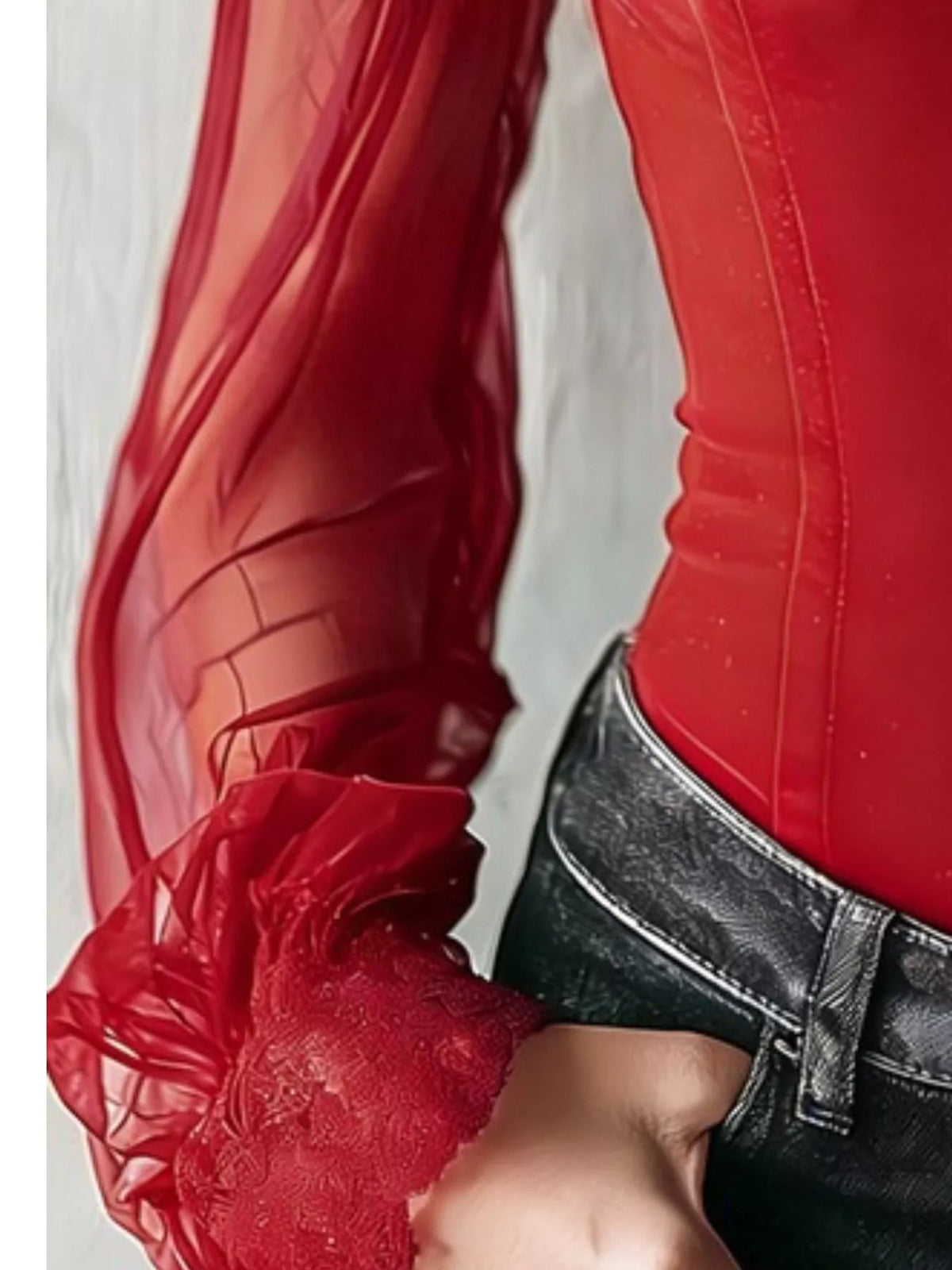 Lace Trim Velvet Sheer Sleeve Blouse Trendsi