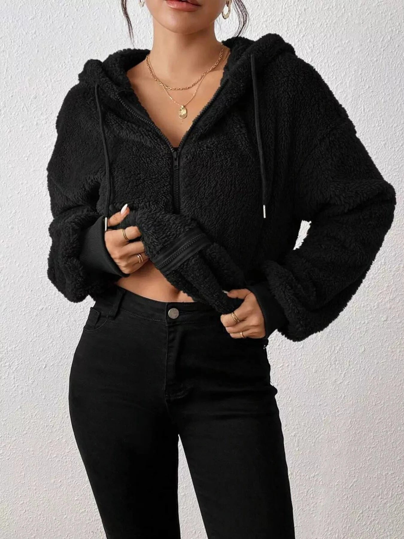 Zip-Up Plush Hooded Outerwear Trendsi