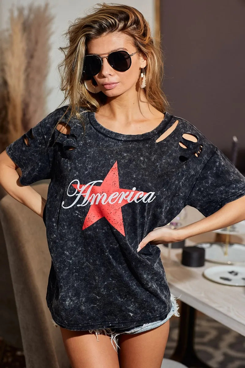 BiBi Laser Cut Mineral Washed Jersey Top with America Trendsi