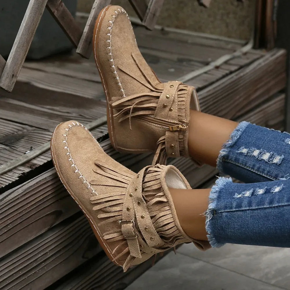 Fringe Studded Suede Flat Boots