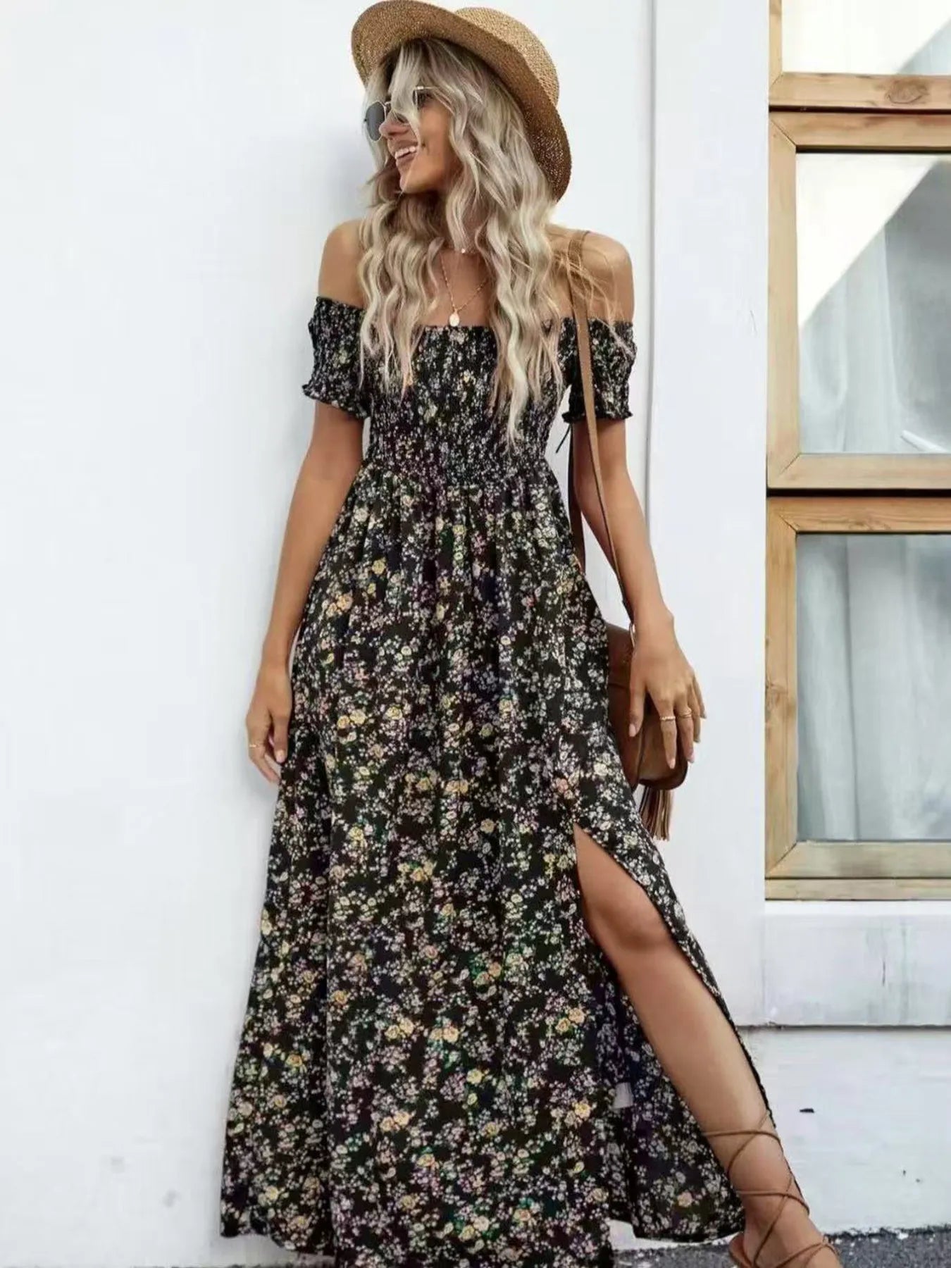 Full Size Slit Off-Shoulder Floral Midi Dress Plus Size Trendsi