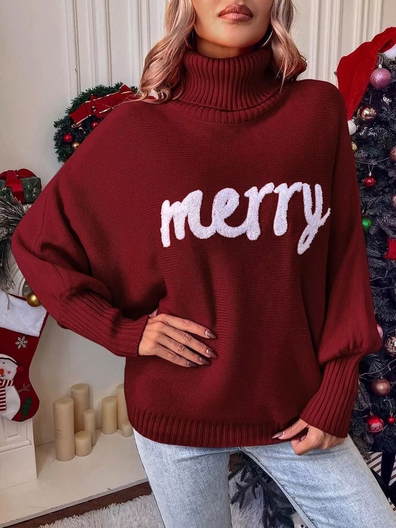 Merry Turtleneck Long Sleeve Christmas Sweater Trendsi