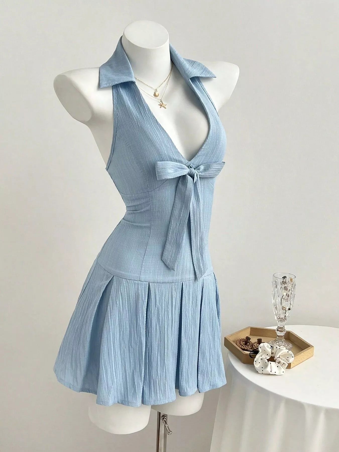 Halter Neck Bow Tie Pleated Mini Dress Trendsi