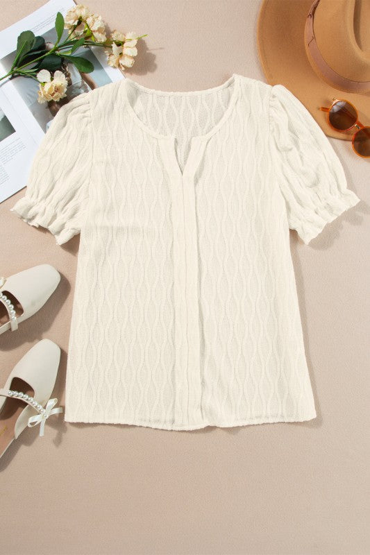 Solid Textured Notch Neck Puff Sleeve Blouse JUNIPER BLVD