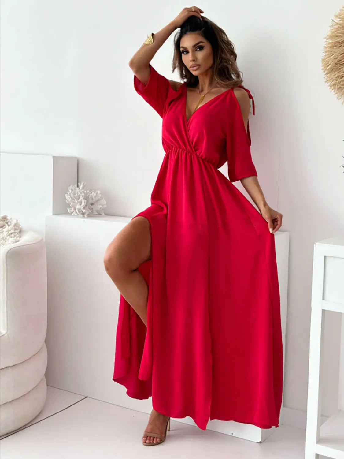 Tied Shoulder Slit Maxi Dress Trendsi