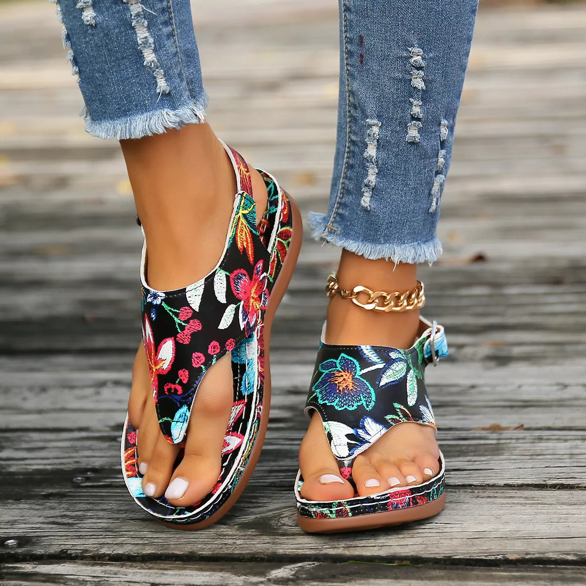 Floral Thong Wedge Sandals Trendsi
