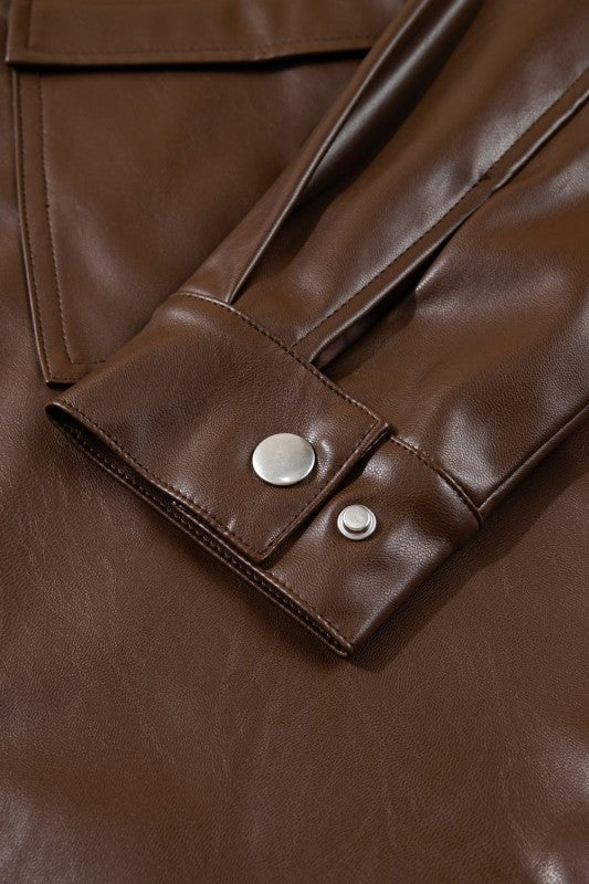 Leather Drawstring Hem Pocketed Jacket JUNIPER BLVD
