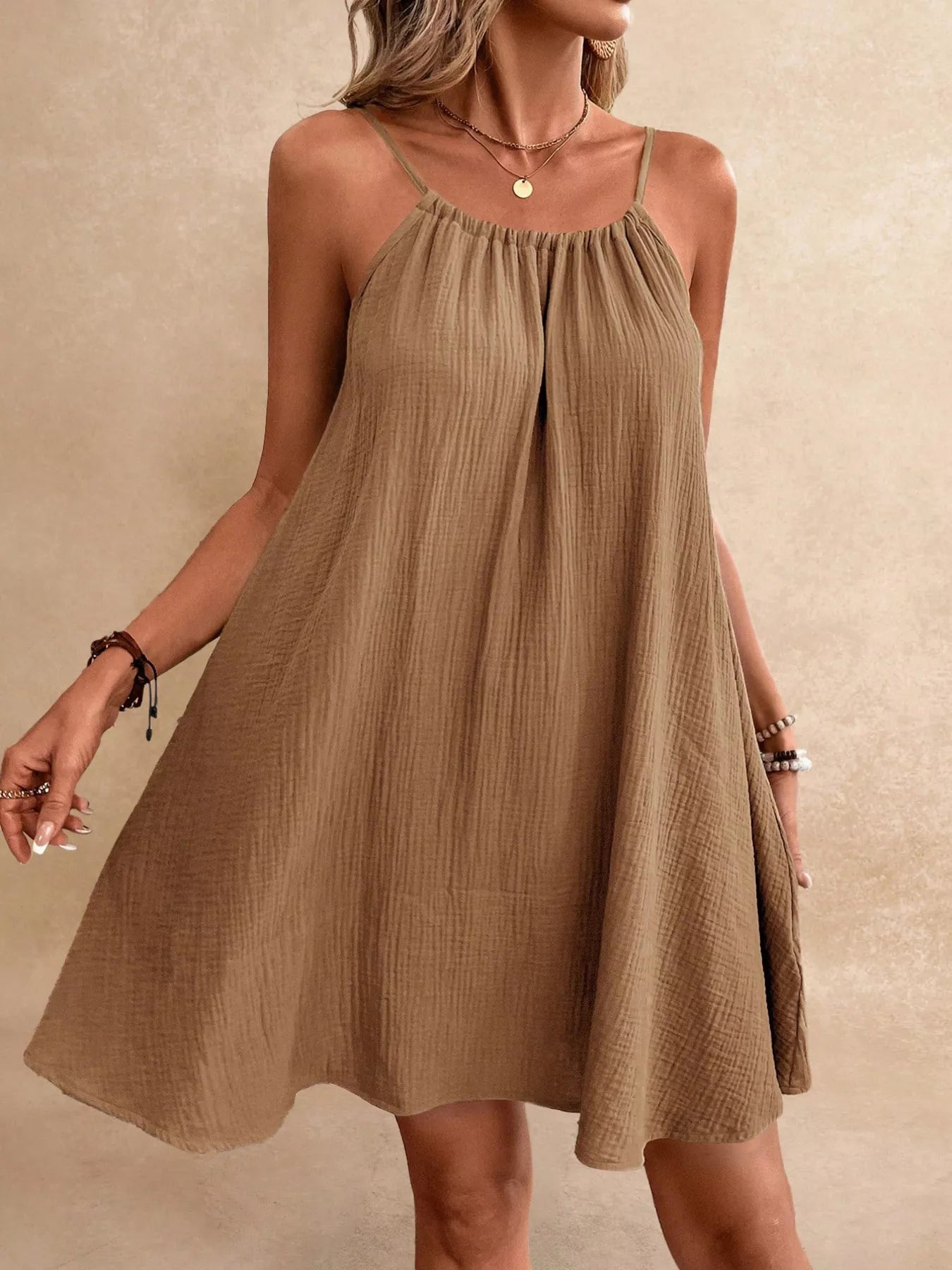 Casual Spaghetti Strap Gauze Dress Trendsi