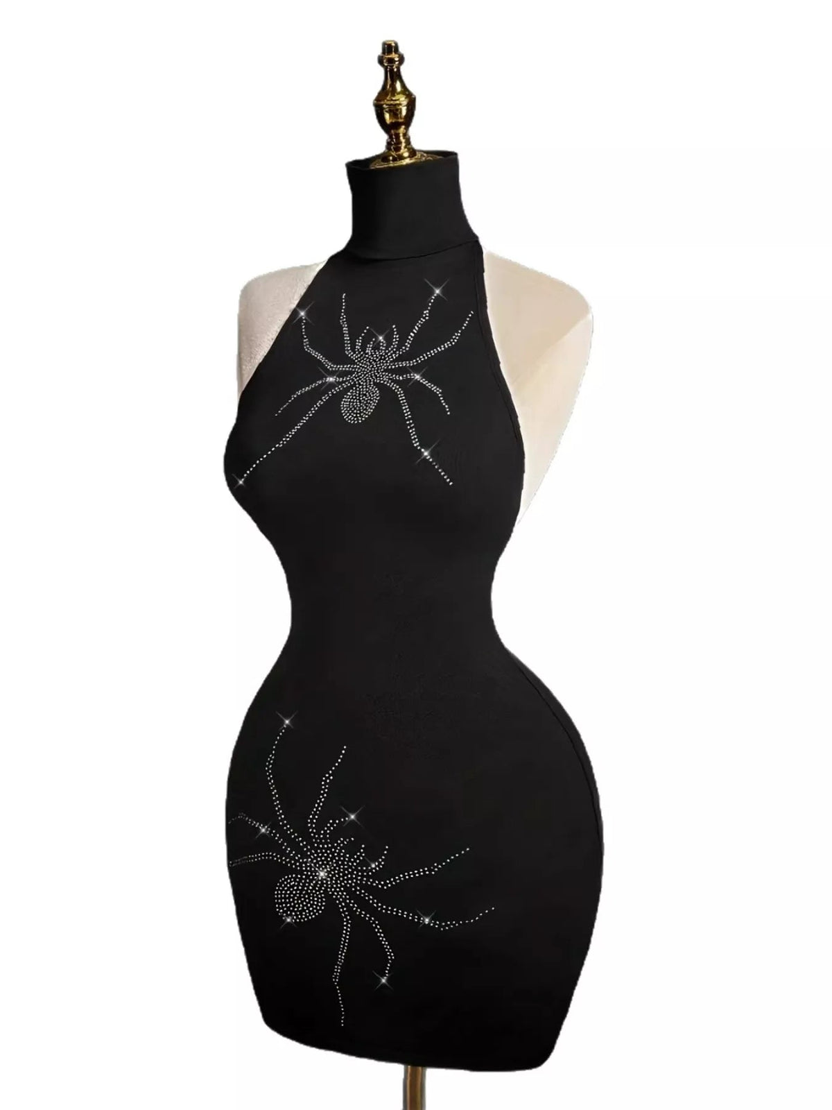 Rhinestone Spider Halter Neck Bodycon Dress Trendsi