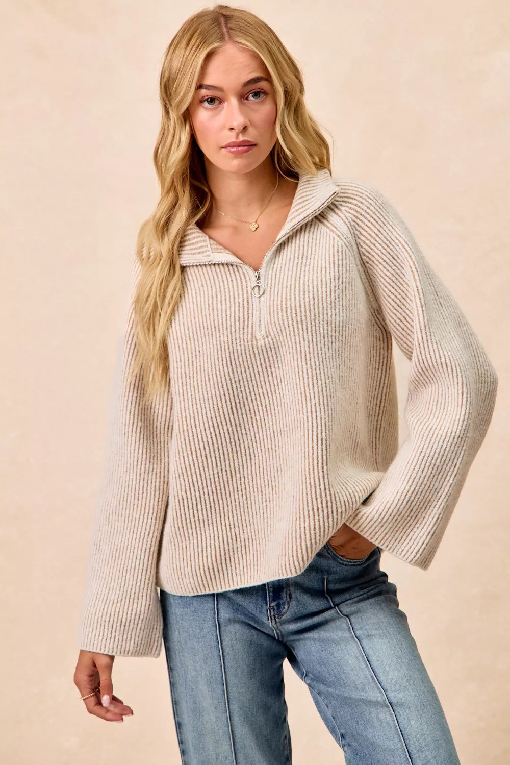 BiBi Two Tone Rib Texured Knit Collared Top with Zip Up Trendsi