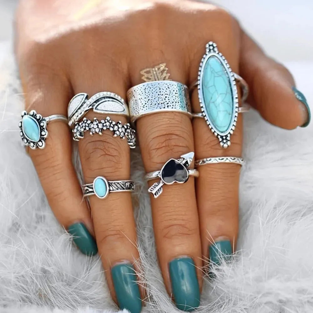 Turquoise Alloy 8-Piece Ring Set Trendsi