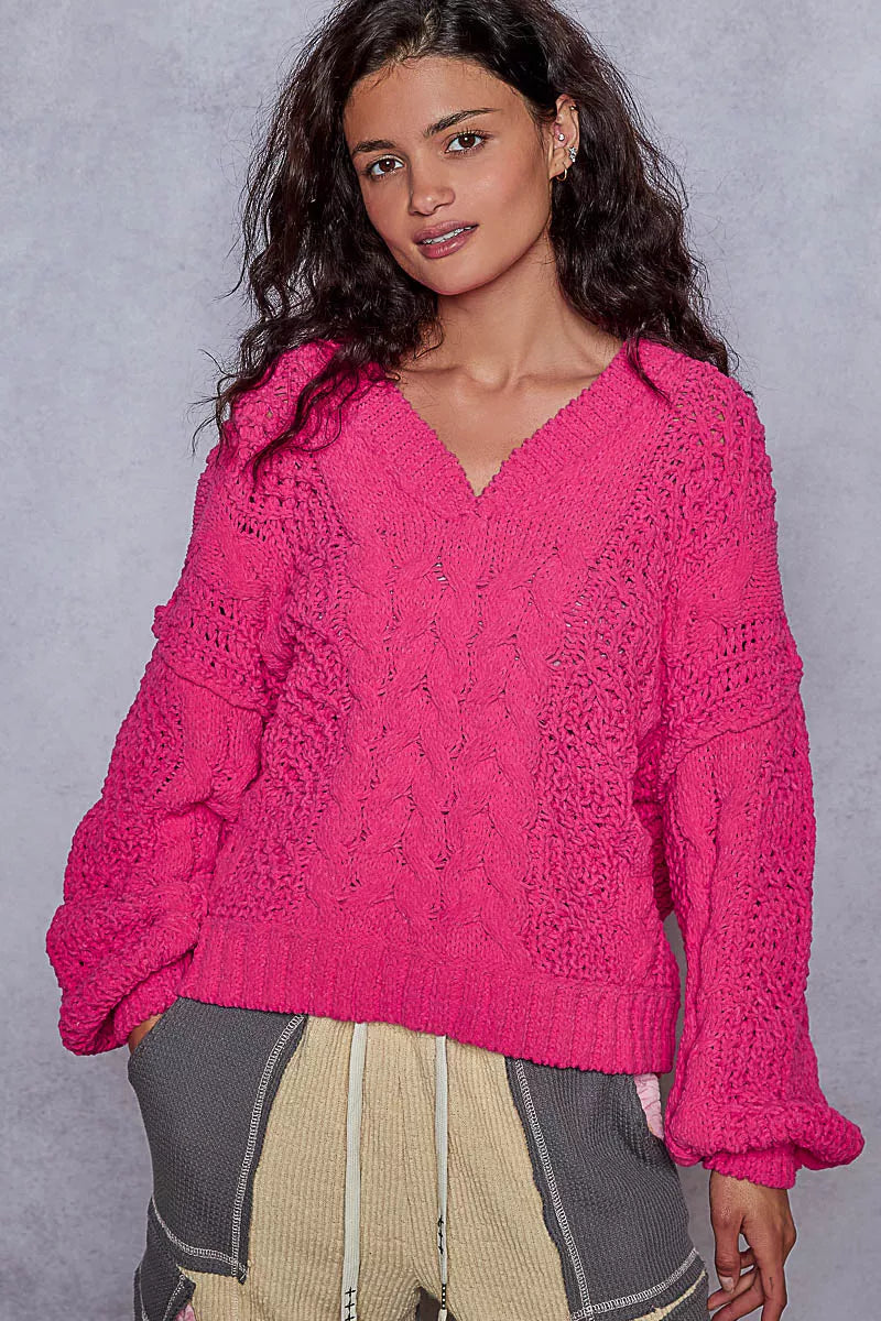 POL Cable-Knit Solid V-Neck Cropped Sweater Trendsi