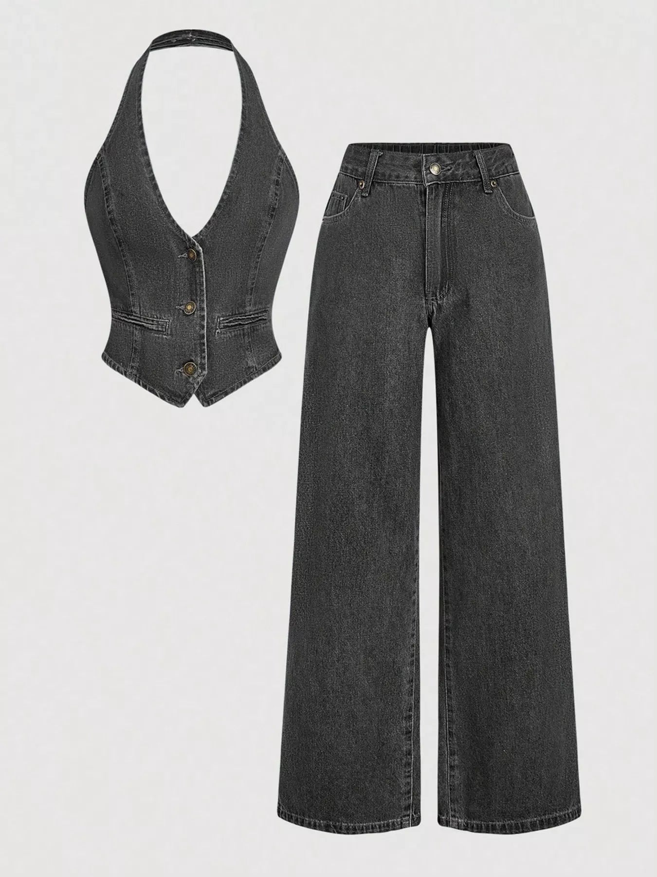 Halter Neck Denim Vest and Wide-Leg Jeans Set Trendsi