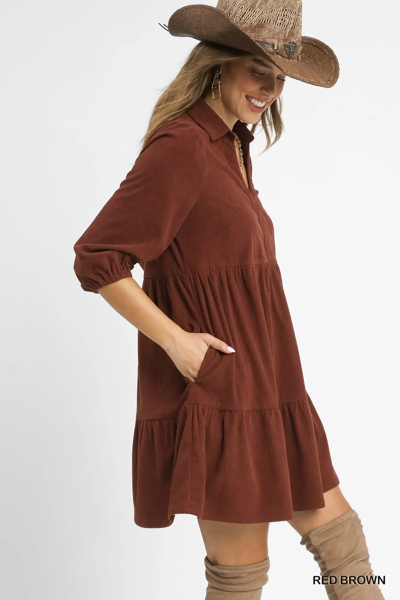 Umgee Tiered Corduroy Mini Dress with Balloon Sleeves Trendsi