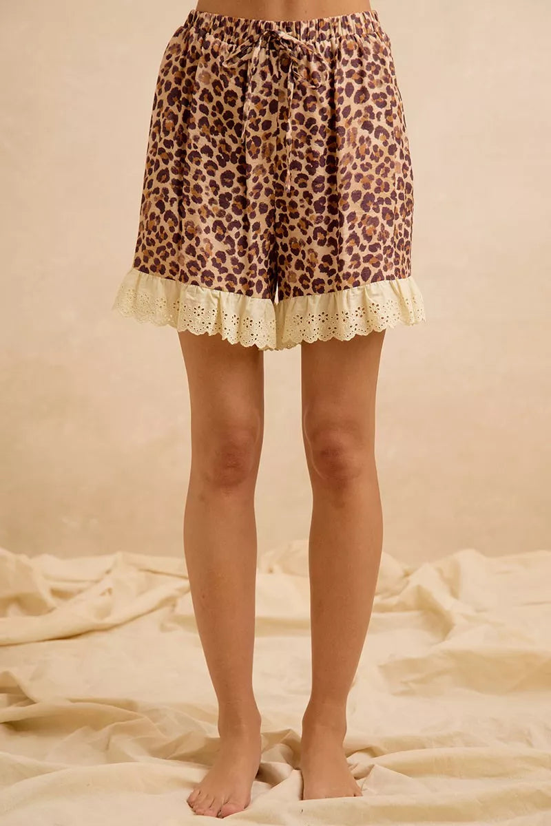 BiBi Leopard and Eyelet Lace Ruffled Top and Shorts Set Trendsi