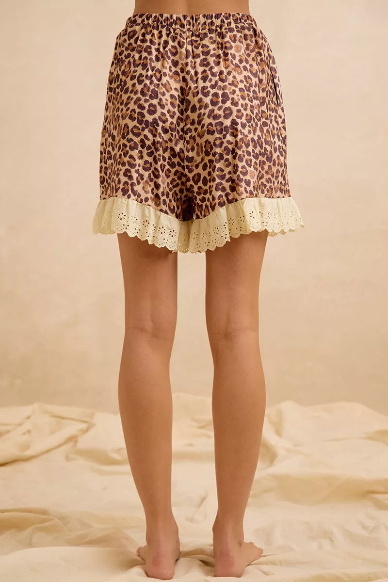 BiBi Leopard and Eyelet Lace Ruffled Top and Shorts Set Trendsi