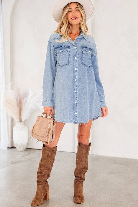 Solid Denim Chest Pocket Raw Hem Shirt Dress JUNIPER BLVD