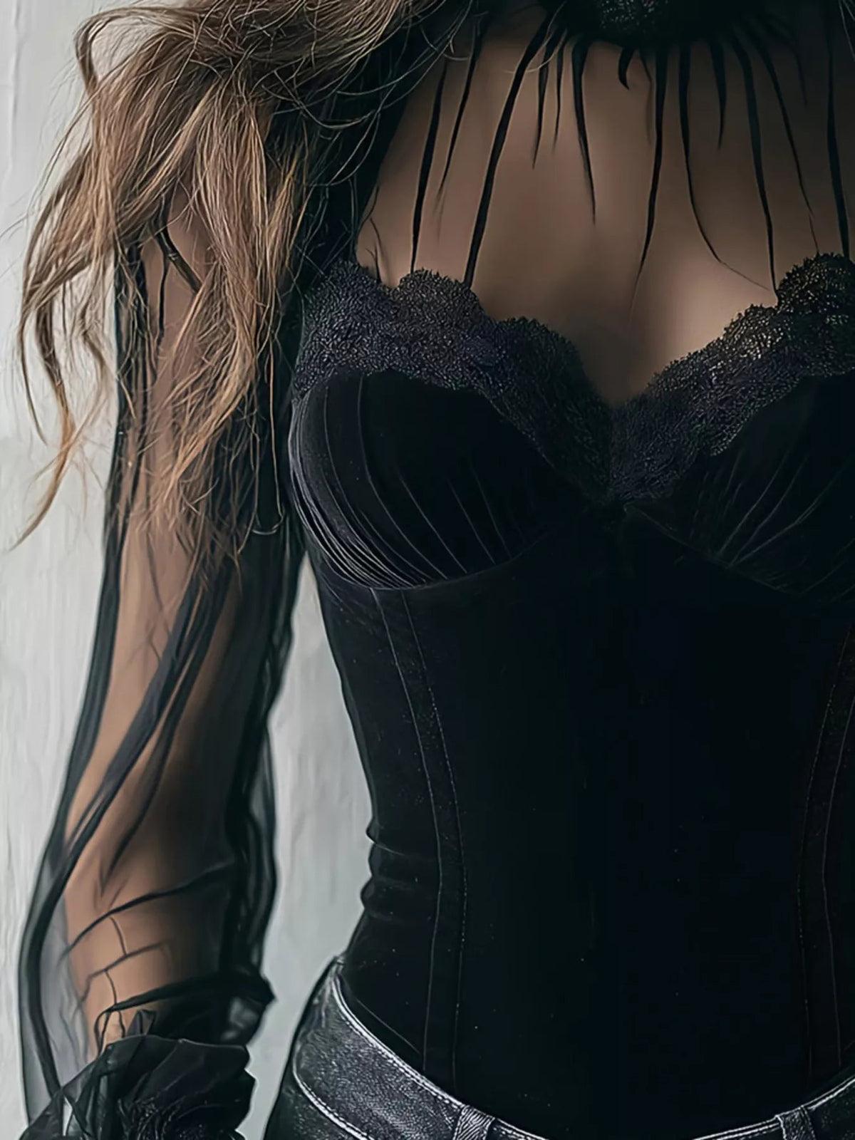 Lace Trim Velvet Sheer Sleeve Blouse Trendsi