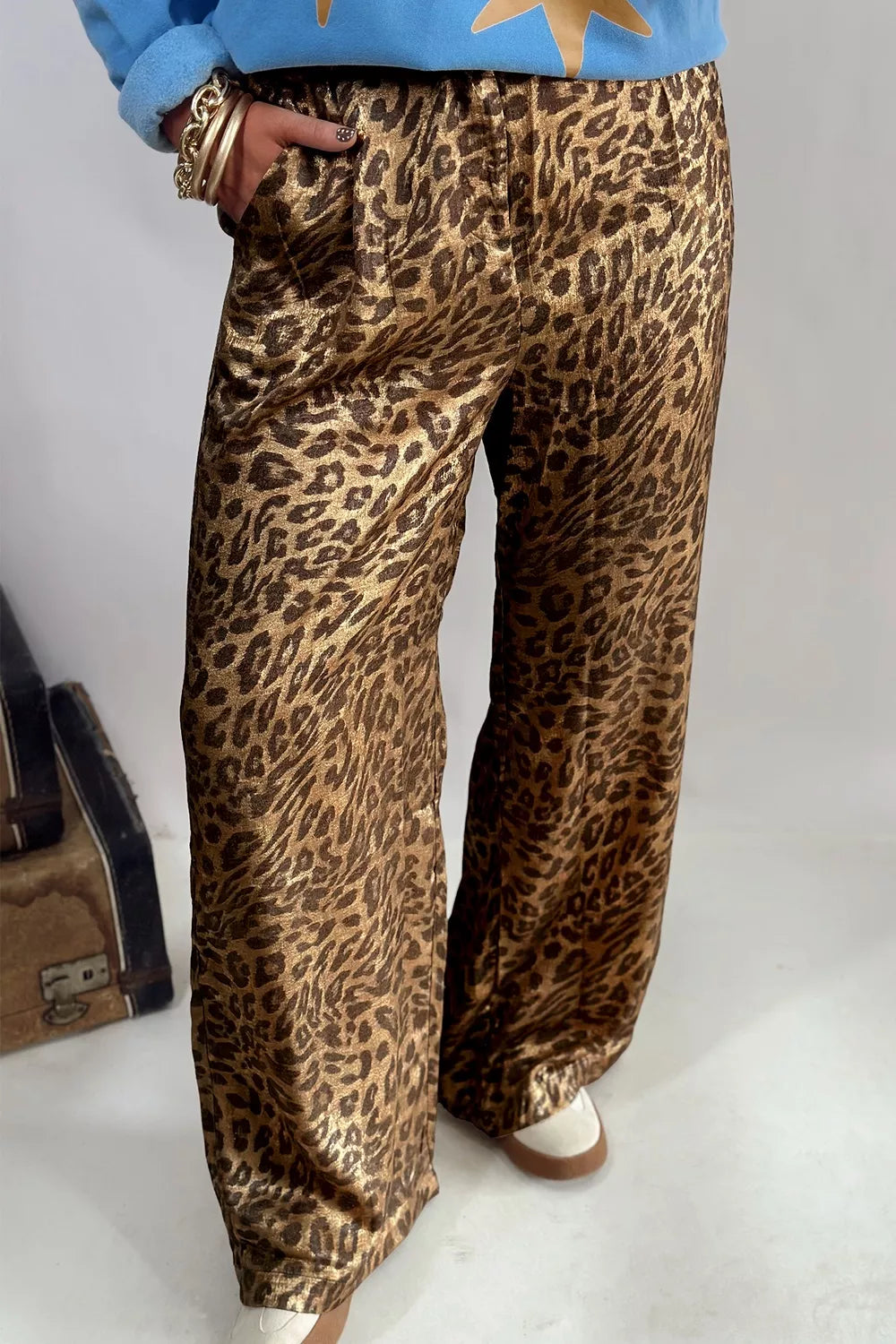 Multicolour Leopard Print Western Style Wide Leg Full Length Pants Trendsi