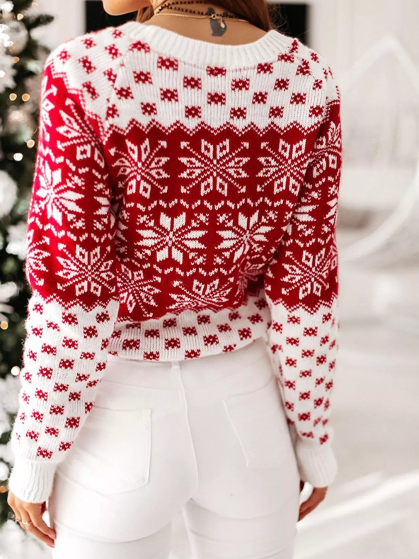Snowflake Pattern Long Sleeve Sweater Trendsi