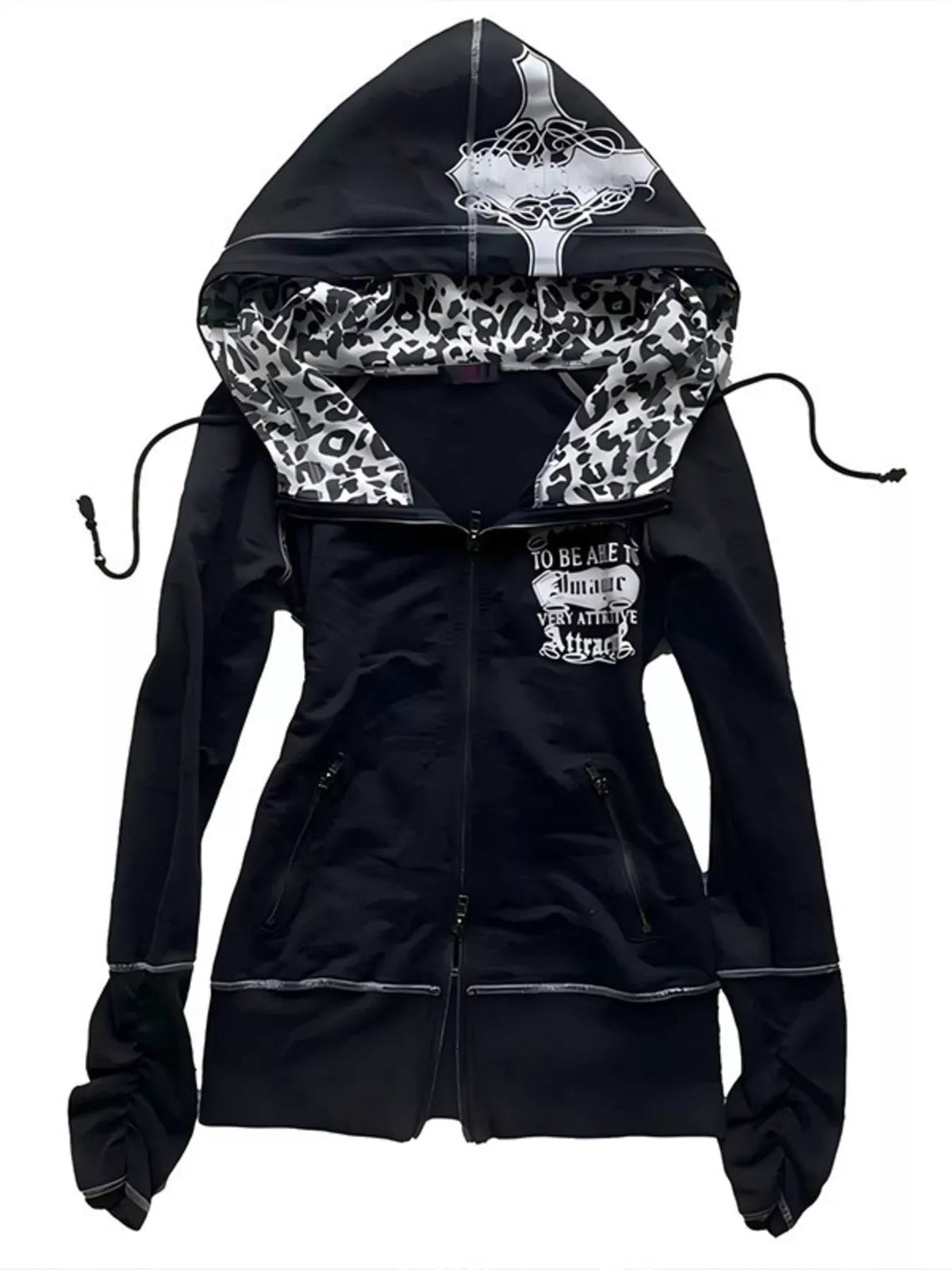 Gothic Cross Leopard Lined Zip-Up Hoodie Trendsi