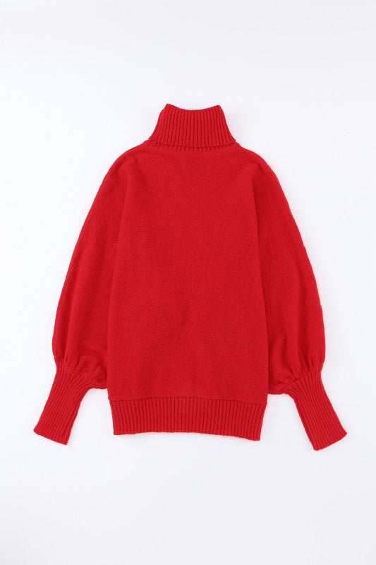 Christmas Merry Embroidered Puff Sleeve Turtleneck