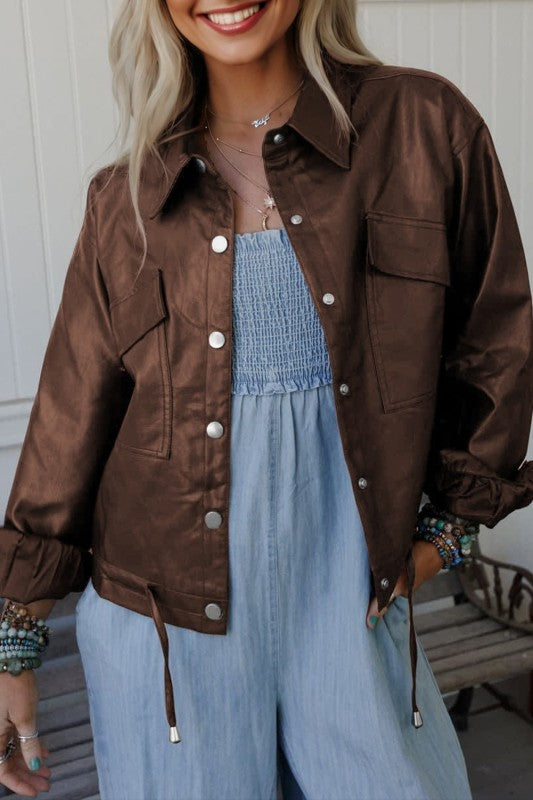 Leather Drawstring Hem Pocketed Jacket JUNIPER BLVD