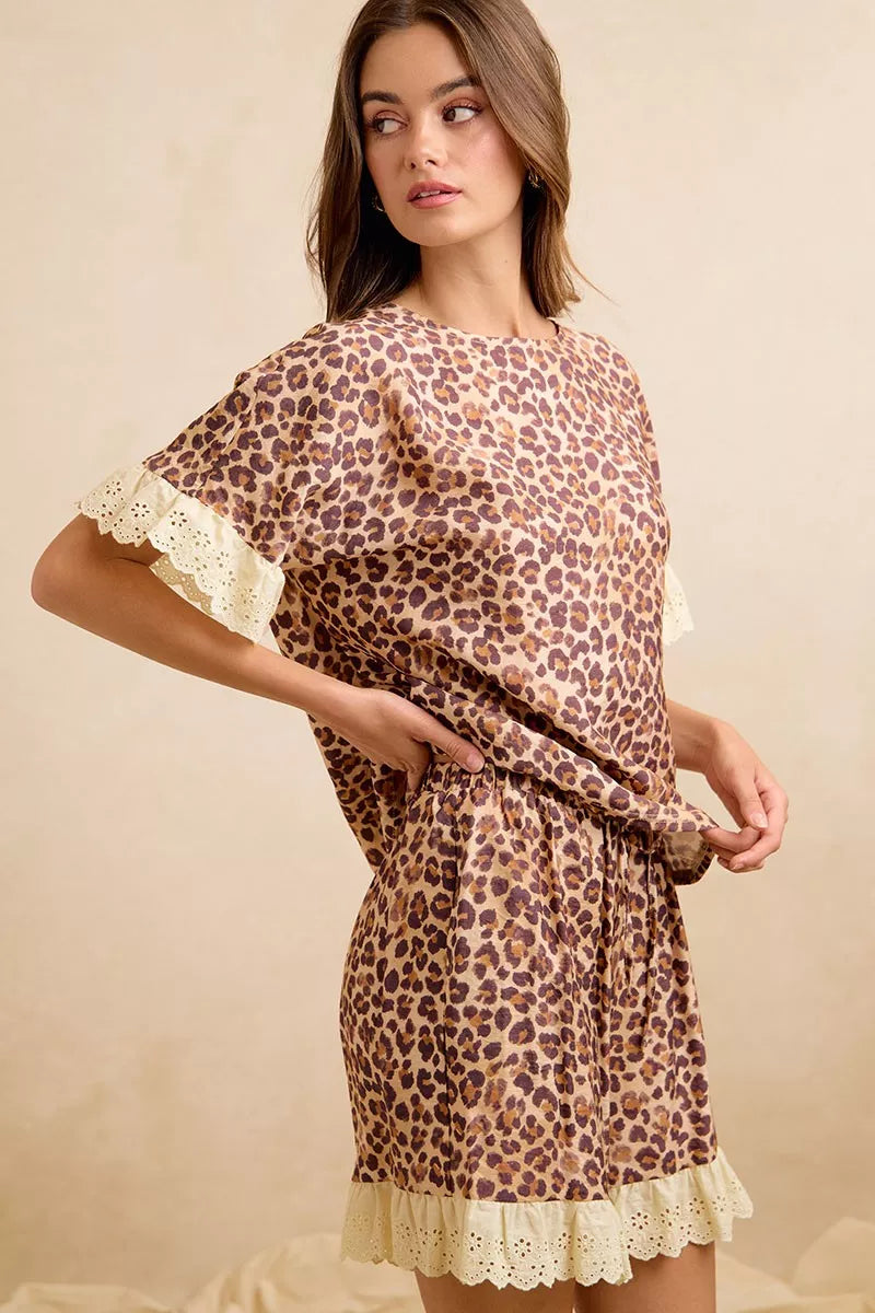 BiBi Leopard and Eyelet Lace Ruffled Top and Shorts Set Trendsi