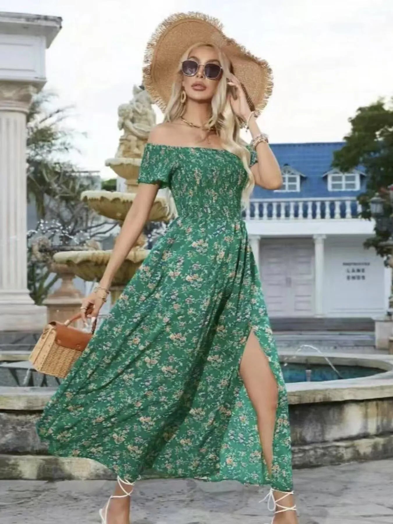 Full Size Slit Off-Shoulder Floral Midi Dress Plus Size Trendsi