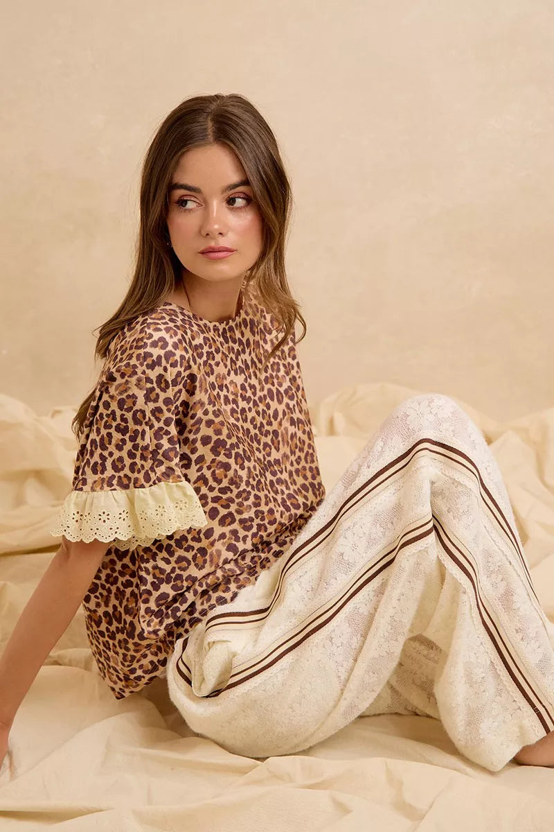 BiBi Leopard and Eyelet Lace Ruffled Top and Shorts Set Trendsi