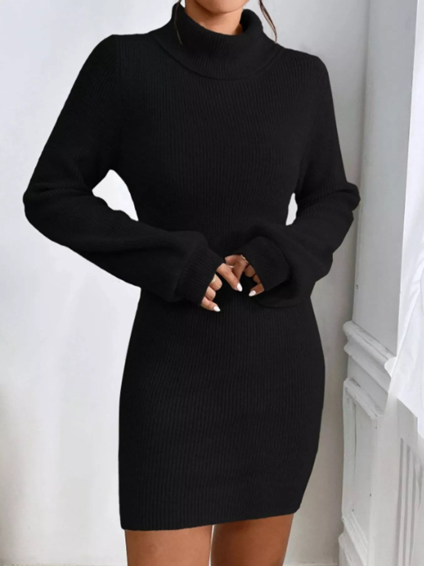 Turtleneck Ribbed Knit Sweater Dress Trendsi