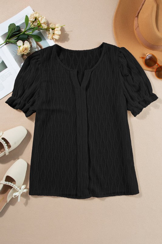 Solid Textured Notch Neck Puff Sleeve Blouse JUNIPER BLVD