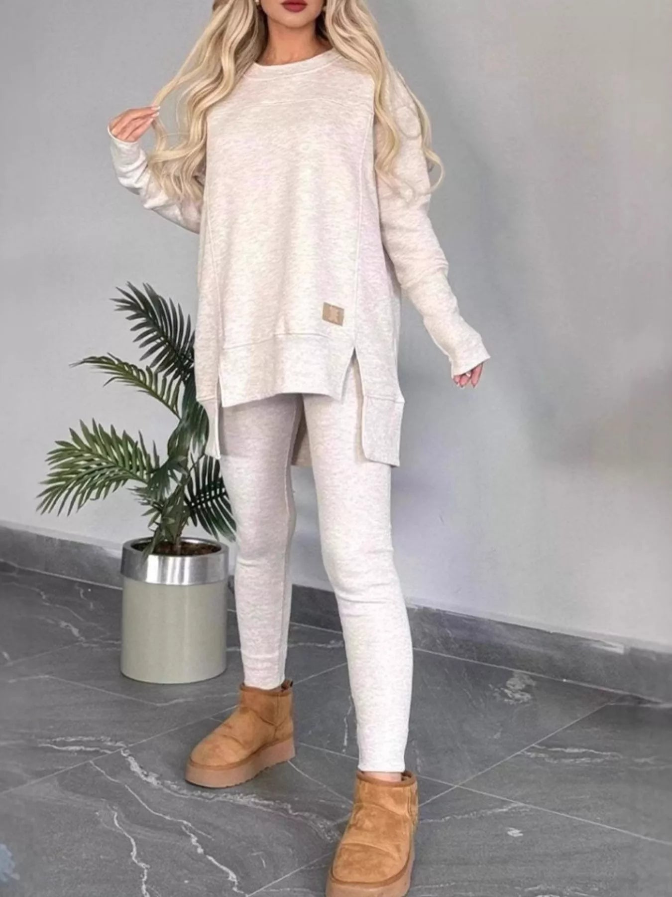 Full Size Slit Round Neck Top and Pants Set Plus Size