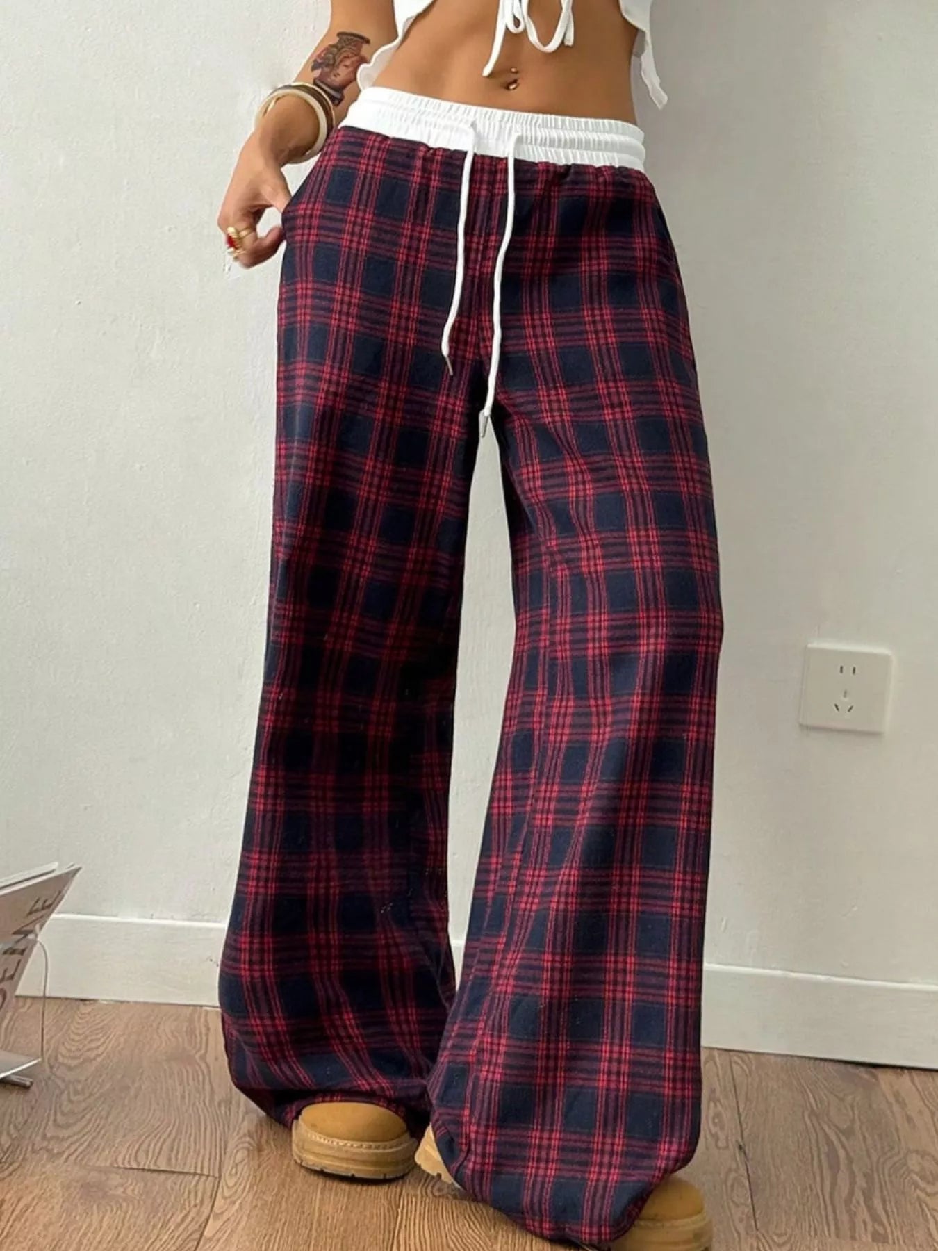 Plaid Wide-Leg Pants with Elastic Waistband