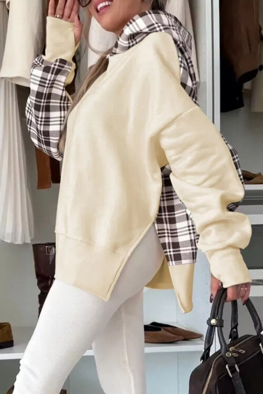 Plaid Side Slit Long Sleeve Hoodie