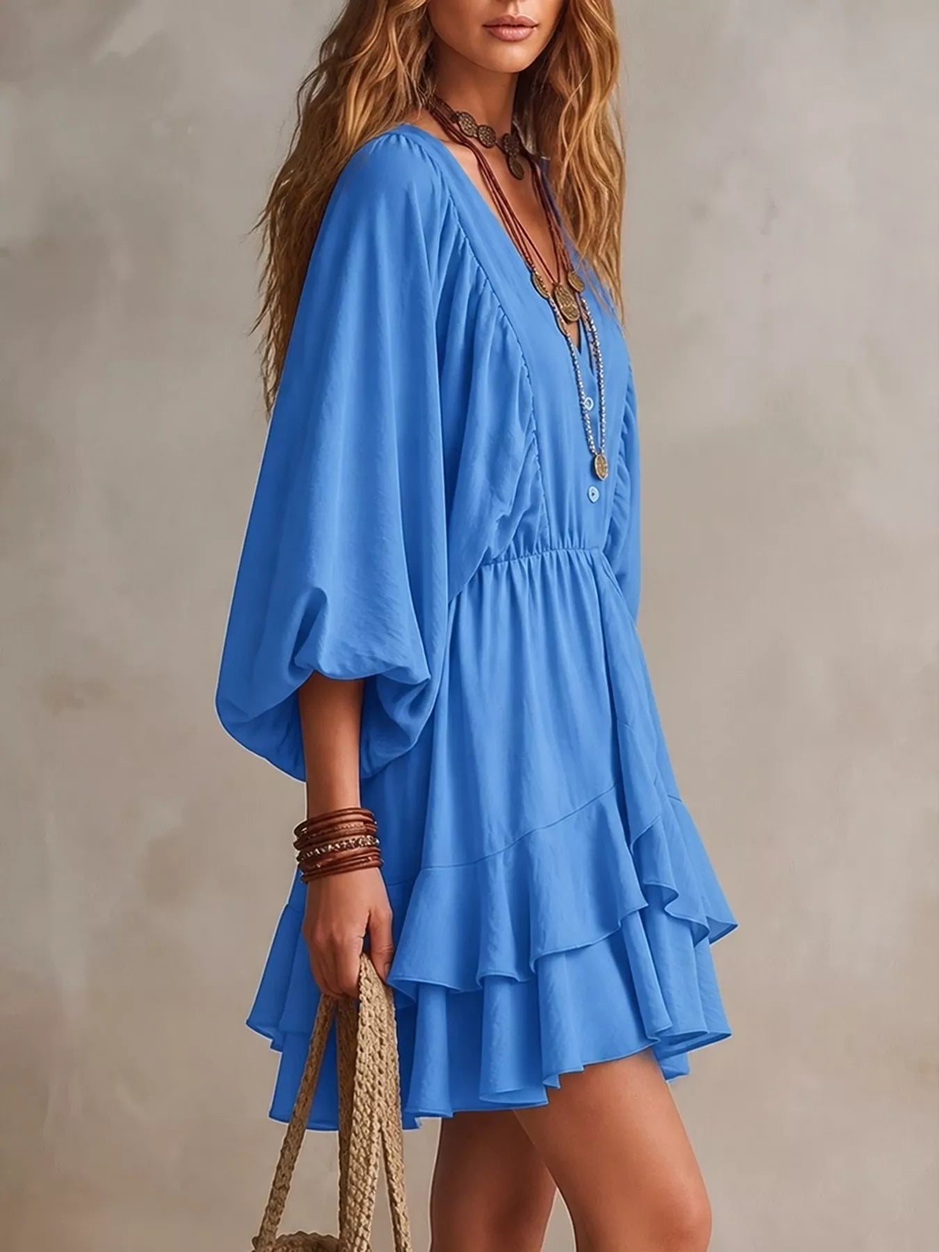 Ruffled Balloon Sleeve Mini Dress Trendsi