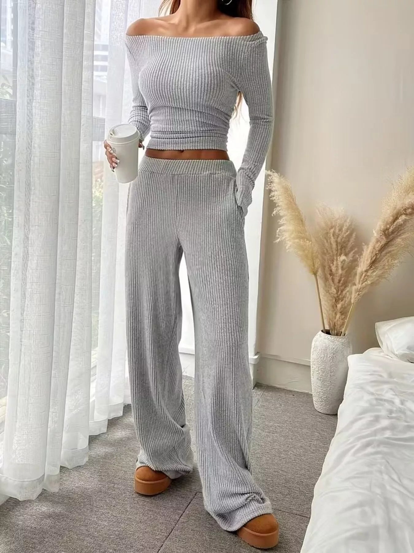 Ribbed Knit Boat Neck Top and Pants Set