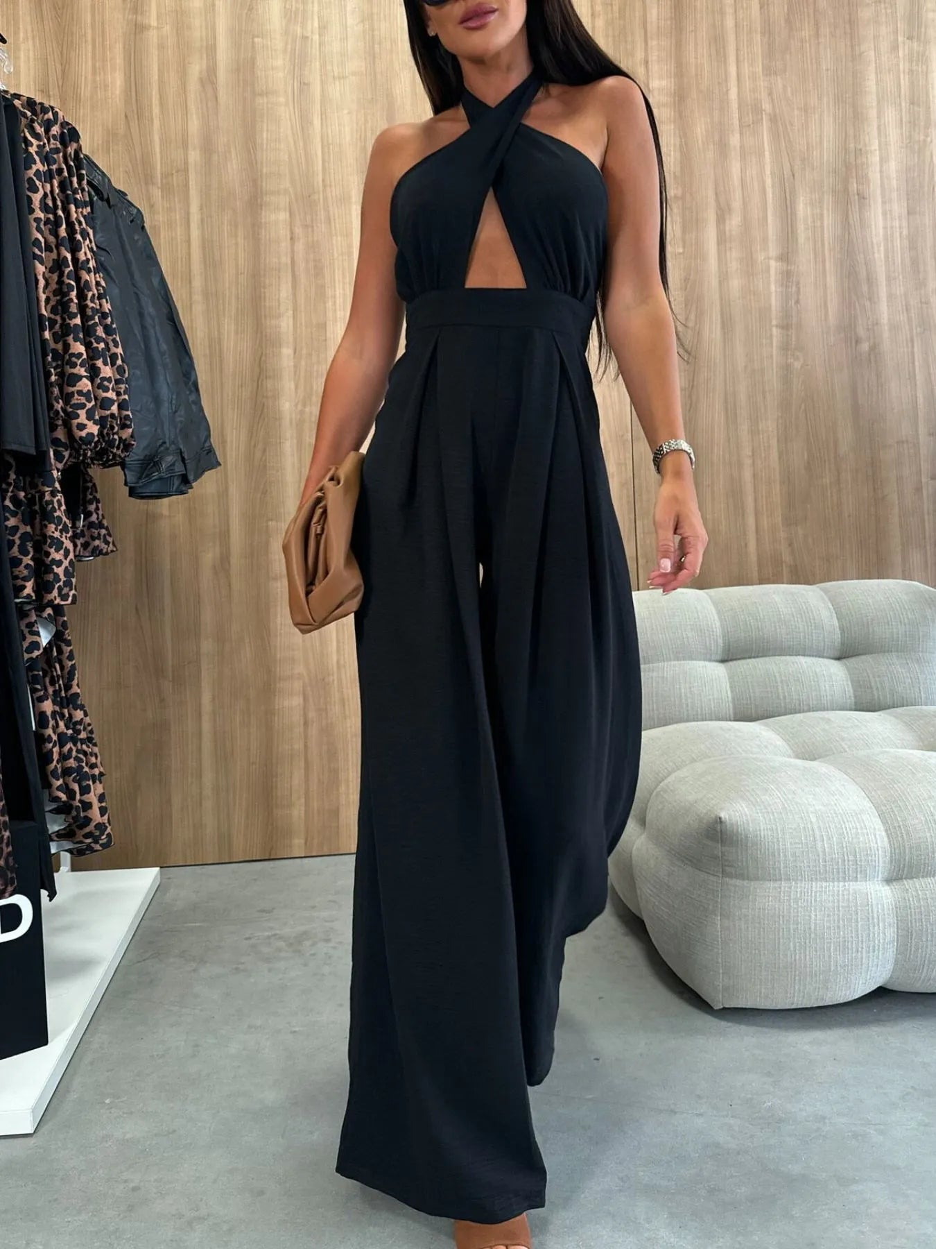 Wide Leg Cutout Halter Neck Jumpsuit Trendsi