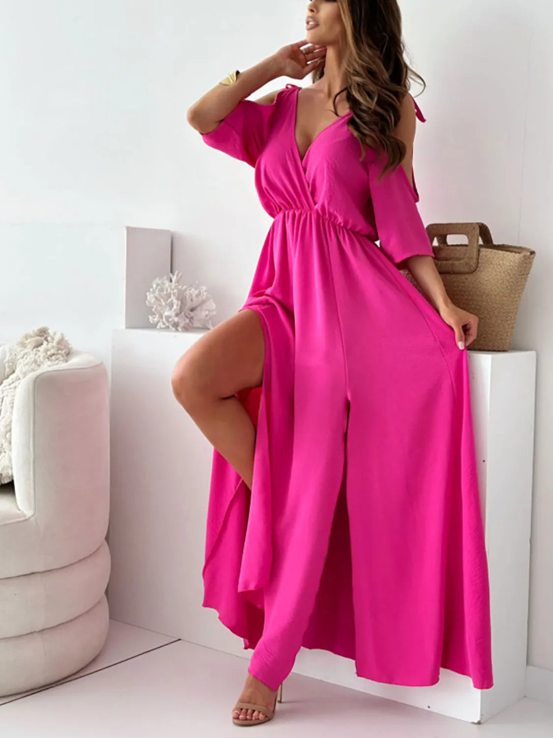 Tied Shoulder Slit Maxi Dress Trendsi