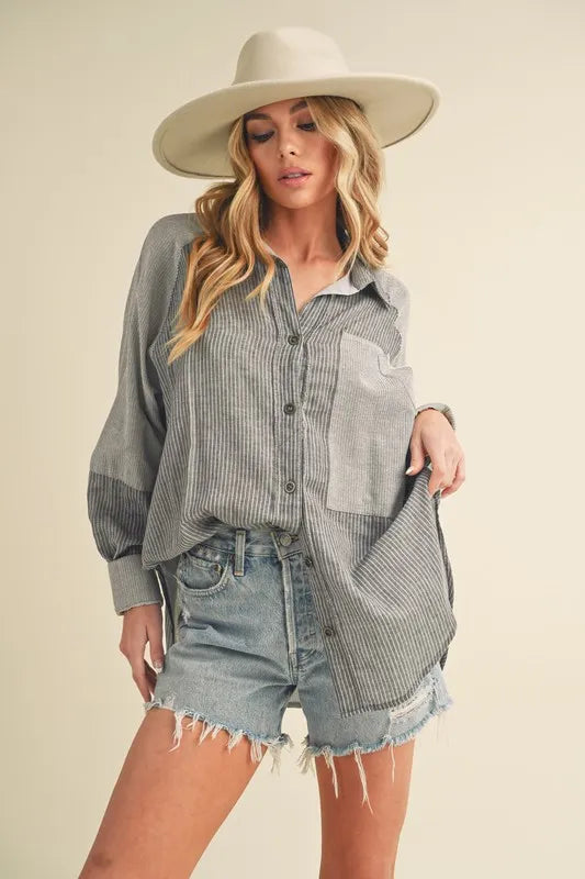 Aemi + Co Striped Collared Neck Lantern Sleeve Shirt Trendsi