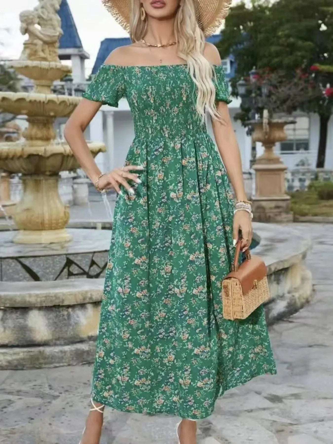 Full Size Slit Off-Shoulder Floral Midi Dress Plus Size Trendsi