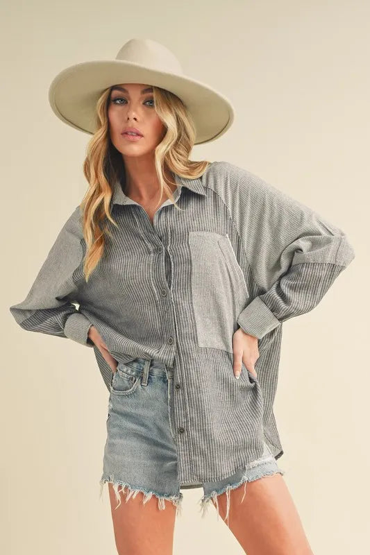 Aemi + Co Striped Collared Neck Lantern Sleeve Shirt Trendsi