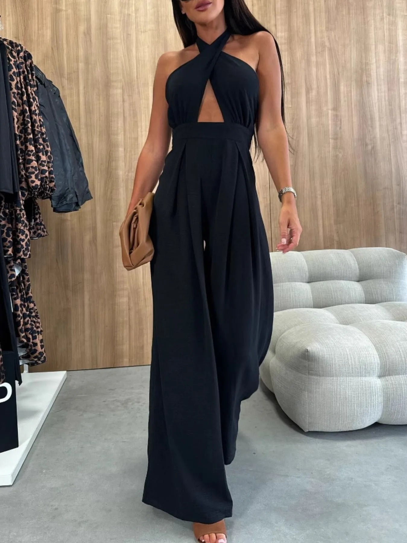 Wide Leg Cutout Halter Neck Jumpsuit Trendsi